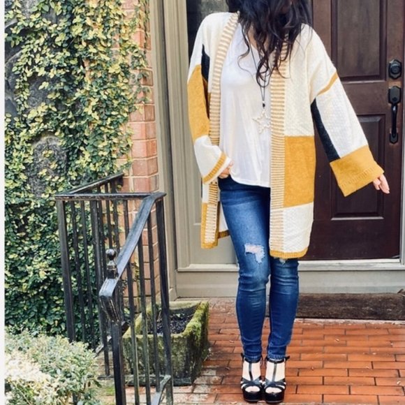 Boho Mustard Color block NEW Open Front Cardigan - Picture 7 of 8